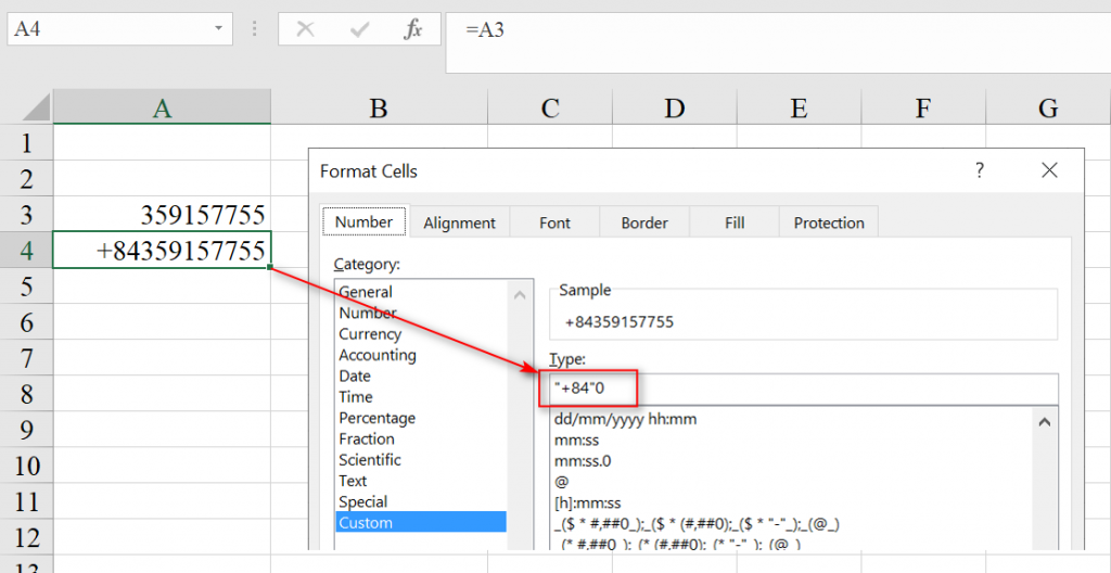 Thêm mã quốc gia +84 vào số điện thoại bằng Format Cells